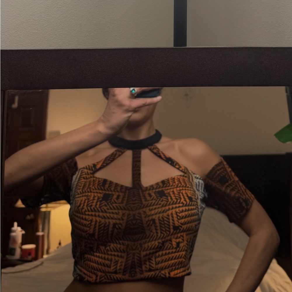 bebe Y2K Black/orange Patterned Crop Top with Collar, Mesh Back
